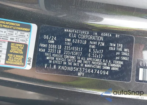 2025 Kia Carnival Mpv Lxs z USA, uszkodzony, nr VIN KNDNB5K37S6474094